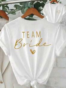 Short-Sleeved T-Shirt With Round Neck And Decorative Print With Bridal Motifs And The Slogan "" In Cursive Lettering, For Daily, Casual, Spring/Autumn/Summer Wear, Back To School Outfits For Women, Tops For Women, Summer Outfits, Holiday Outfits For Women, Spring Outfits For Women, Tops, Club Outfits For Women, 100% Cotton. - 白色 - 查看 4