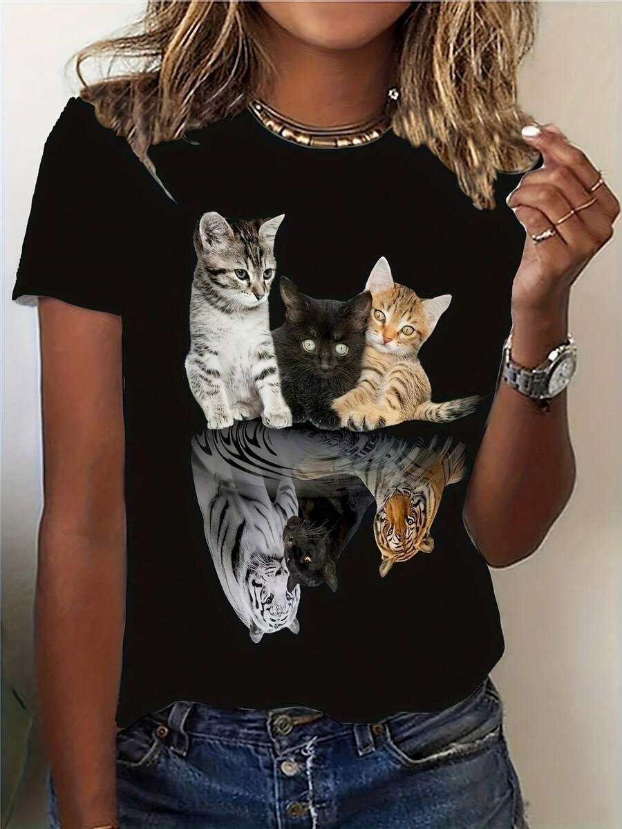 Women's Short Sleeve Cat Print T-Shirt - Vibrant Black Round Neck Casual Breathable Spring And Summer Machine Washable T-Shirt - Fun Design Comfortable For Everyday Wear With An Adult Version From The Local Community Store - In Stock Quickly - Soft, Comfortable Cotton With Discounts For Easter, Halloween, Thanksgiving And More - màu đen - Xem 1