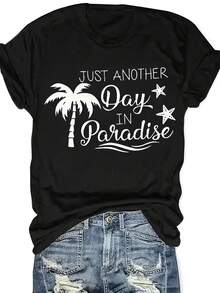 Women'S Tropical Paradise Pattern T-Shirt- Vibrant Red With White Palm Trees And "Just Another Day In Paradise" Text, Casual Round Neck Short Sleeve Summer Beachwear, Breathable And Machine Washable All-Season Comfortable Top - 黑色 - 查看 1