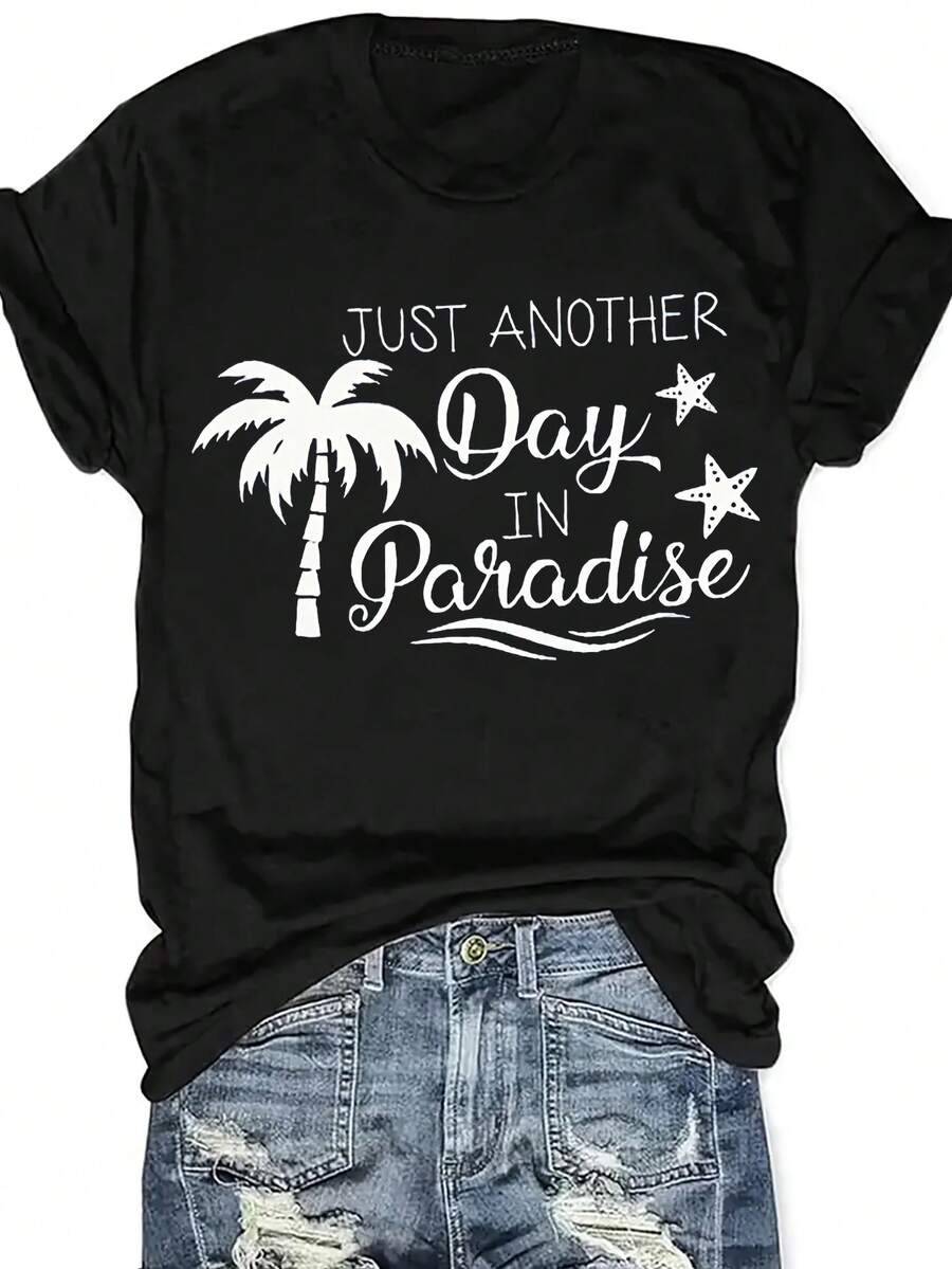 Women'S Tropical Paradise Pattern T-Shirt- Vibrant Red With White Palm Trees And "Just Another Day In Paradise" Text, Casual Round Neck Short Sleeve Summer Beachwear, Breathable And Machine Washable All-Season Comfortable Top - 黑色 - 查看 1