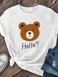 Camiseta divertida de manga corta para mujer con estampado de oso y la frase "¡Hola!", hecha de fibra de poliéster suave y transpirable, con elasticidad media, lavable a máquina, adecuada para uso diario y en casa, perfecta para la moda de verano. Camiseta casual de manga corta con cuello redondo y estampado, una prenda imprescindible para primavera y verano. - Blanco - Ver 3