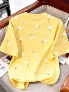 Women's Casual T-Shirt, Gray, New Summer Design, Round Neck, Sweet Cherry Print, Graphic Design, Student Style, Versatile Minimalist Fit, Suitable For Daily Wear, Outdoor Activities, Travel, Comfortable, Essential For Women - 黃色 - 查看 2