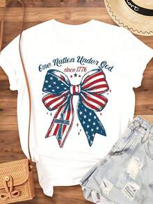 Patriotic T-Shirt With American Flag, Bow And Cross, "One Nation Under God Since 1776" For Independence Day And Fourth Of July Celebration, For Women, Men And Unisex, Casual Wear, 220g - 白色的 - 查看 3