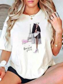 Fashionable Casual Short-Sleeved T-Shirt For Women Featuring A Paris Eiffel Tower Design And An Elegant Woman, Perfect Summer Clothing To Give As A Gift To Friends And Family. - 白色 - 查看 7