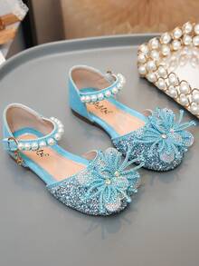 Zapatos de princesa para niñas con decoración de diamante de imitación, combinados con lazo, perlas y lentejuelas, adecuados para actuaciones en el escenario, pasarela y ocasiones especiales - Azul - Ver 2