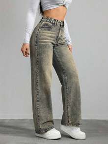 Jeans de mezclilla de pierna ancha recta de diseño simple con cintura alta para mujeres a la moda - Lavado ligero 2 - Ver 4