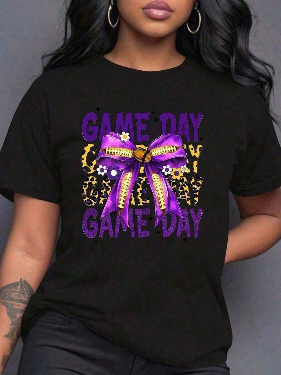 Women's Game Day Football Shirt With Bow, Purple And Gold Leopard Print Design, Perfect For Game Day Celebrations And Sporting Events, 220g Loose Fit, Casual And Versatile - 黑色 - 查看 1