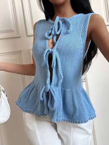 Cárdigan sin mangas con volantes y nudo delantero de unicolor para mujer - Azul - Ver 7