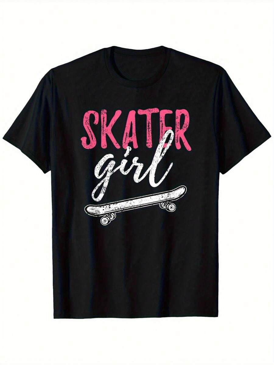 Graphic Skateboarding T-Shirt, Women's Short Sleeve Crew Neck T-Shirt, For Family And Friends, Black, Soft, Breathable, Non-Fading, Casual Style, New Year, 180g, Cotton T-Shirt Sizes S-XXL - 黑色 - 查看 1