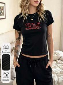 Camiseta de manga corta con estampado gráfico de moda para mujer, estilo Y2K, con estampado de "Kiss All The Time Disco Occasionally", cuello redondo, manga corta, informal, para verano, camiseta de concierto de la gira del álbum de Harry. Camiseta sencilla para uso diario - Negro - Ver 7