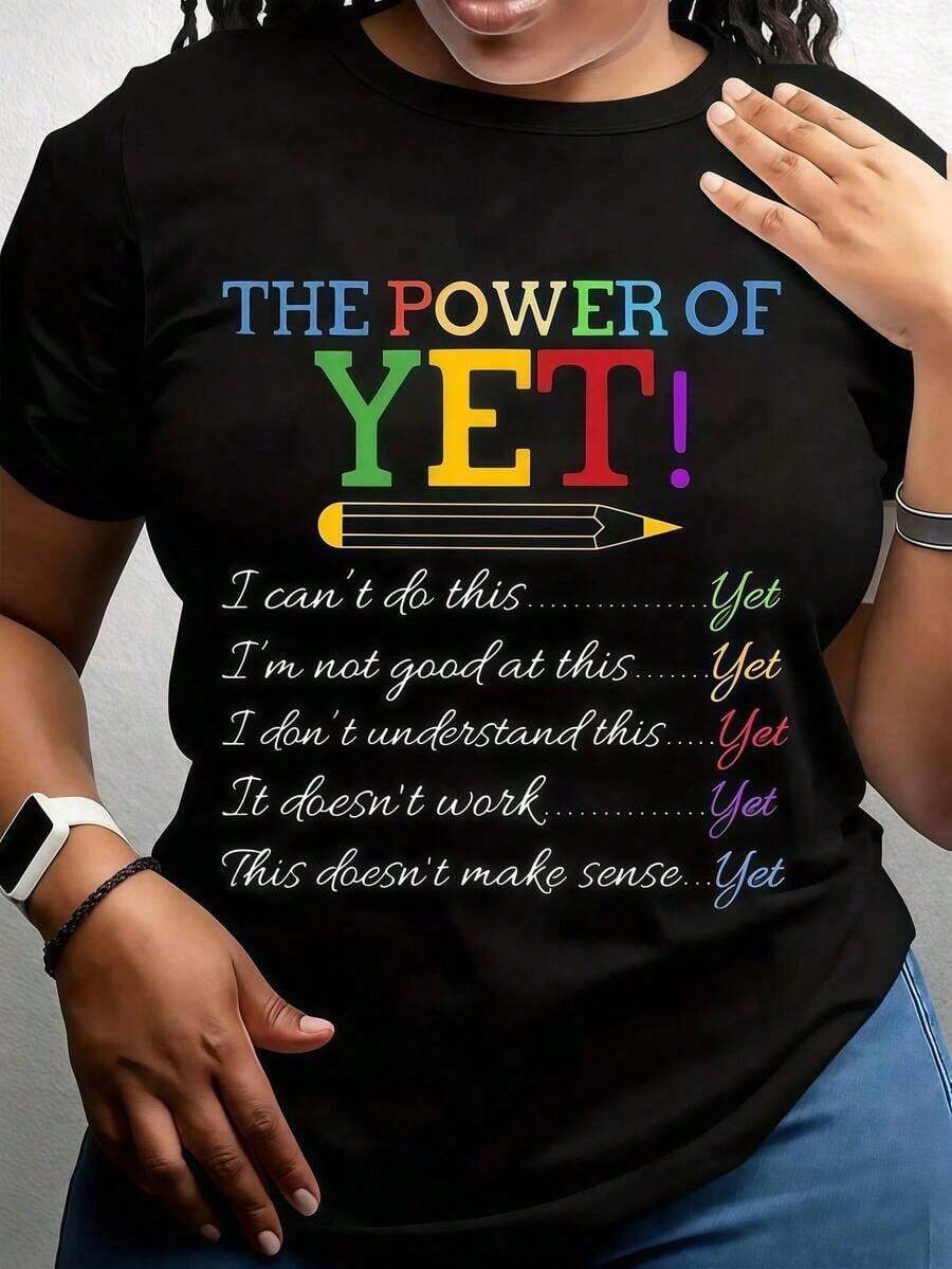 Colorful Letter Print Crew Neck T-Shirt, Casual Short Sleeve Top For Spring And Summer, Women's Mother's Day Clothing, Plus Size Blouses For Women - 黑色 - 查看 1