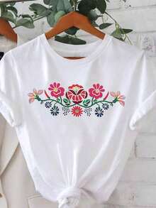 Plus Size - Plus Size - Women's Plus Size Floral Print T-Shirt, Easy Yet Vibrant Style, Modern And Casual Round Neck For Spring And Summer, Women's Casual Short Sleeve T-Shirt, Solid Color Basic Tee Top, Blouses For Women, Shirt - 白色 - 查看 7