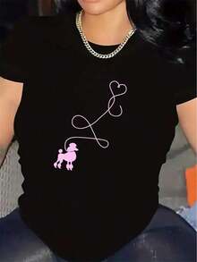 PremiumLoose Wo's Short-Sleeve T-Shirt, Made Of, Suitable For Home And Restaurant Casual Wear, Lightweight And, Featuring A Pink Poodle And Love Leash Pattern, Comfortable And Snug For Everyday WearGift Idea - 黑色 - 查看 7