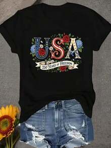 Women's T-Shirt, Casual Crew Neck Sweater With 250th Anniversary Design, Soft And Comfortable - 黑色 - 查看 5