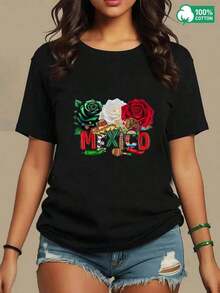 Women's Short Sleeve Blouse, One Piece, Beautiful Blouses For Women, Women's Clothing Sets, Mexico Image, 180G T-Shirt, Black And White, Floral Print, High Quality, Round Neck, Basic Fit, Loose, Breathable, Versatile, Machine Washable, Comfortable, Size S-3XL, Daily, Casual, Sporty, Summer Essential. Leisure - 黑色 - 查看 3
