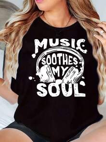New Arrivals For Summer. Women's Round Neck T-Shirt, Graphic Print "Music Calms My Soul", Casual Loose Fit, Blouse, Shirt > Beautiful. - 黑色 - 查看 10