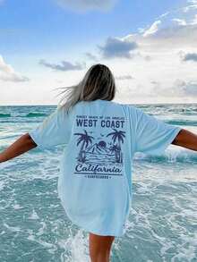 Women's Short-Sleeved T-Shirt With A Round Neck, Casual, Minimalist, And Versatile Style, Featuring A Palm Tree Print And Slogan, Suitable For Everyday Wear. Printed T-Shirt, Vacation. Summer - 淺藍色 - 查看 6