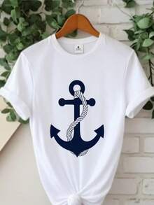 Women's White Anchor Print T-Shirt - Short Sleeve Blouse With Round Neck And Soft Stretch Fabric - Compatible Top | Machine Washable Casual Wear, Suitable For Spring, Summer And Autumn Outfits, Comfortable And Eye-Catching T-Shirt, Holiday Gift. - 白色 - 查看 6