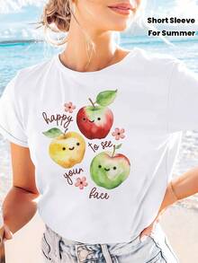 Happy To See Your Face Apple Positive Graphic Print T-Shirt, Short Sleeve And Round Neck, Casual Top For Summer And Spring, Women's Clothing - 白色 - 查看 1