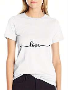 Camiseta holgada para mujer - Estampado en cursiva blanco y negro, top casual de manga corta y cuello redondo, transpirable y cómoda para todas las estaciones, adecuada para el hogar y salidas, un básico sencillo para el día a día, lavable a máquina. Top cómodo y versátil de manga corta. - Blanco - Ver 4