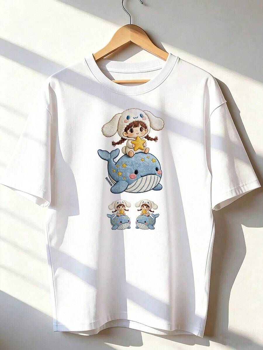 Girl And Blue Whale T-Shirt, Fashionable Short-Sleeved T-Shirt For Spring And Summer 2026, Made In Mexico, 180 Grams. Cartoon Print, Couple Design, Suitable For Indoor Or Outdoor Wear. Crew Neck, Unisex, Ideal For Office And Leisure. One-Pack. - WH-P631577SLNDXZGY556 - 查看 1