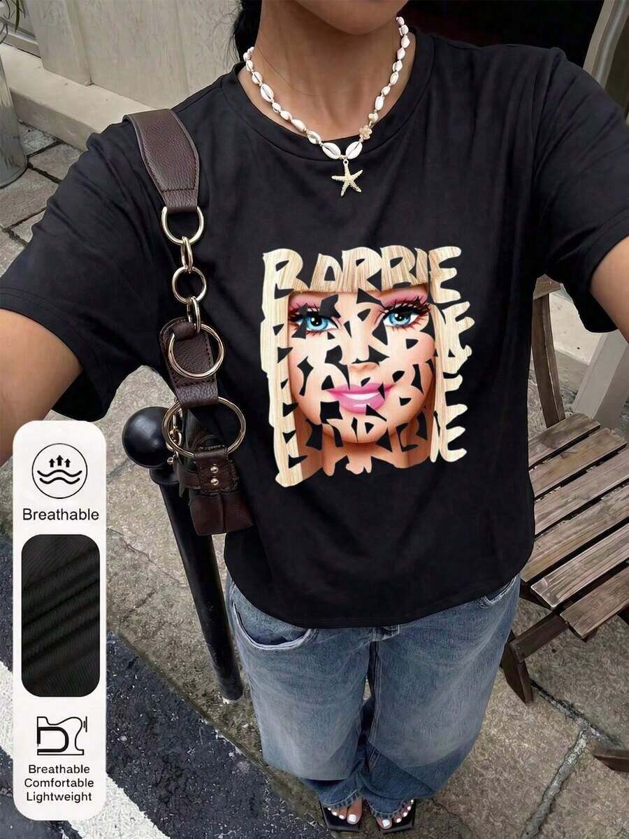[Local Delivery]Women's T-Shirt Short Sleeve Printed T-Shirt For Women, Spring Clothes, Holiday Outfit, Black For Summer, Beach Look, Vacation Style, Country Style, Office Outfit For Women. - 黑色 - 查看 1