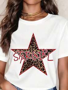 Stargirl Women's White Leopard Print T-Shirt, Casual Summer Top, Everyday Streetwear - 白色 - 查看 1