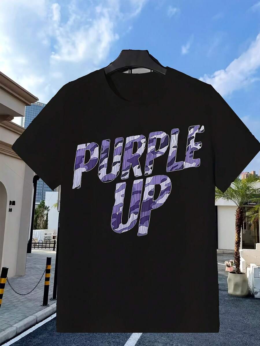Artistic Round Neck T-Shirt With Sun And Moon Design, Soft And Breathable, Ideal For Casual Wear, Short Sleeve, Lightweight Fabric For All Seasons. Great Christmas Gift. Sports T-Shirt, Y2K T-Shirt, Black Camouflage T-Shirt, Purple, With Retro-Style Vertical Lettering - 黑色 - 查看 1