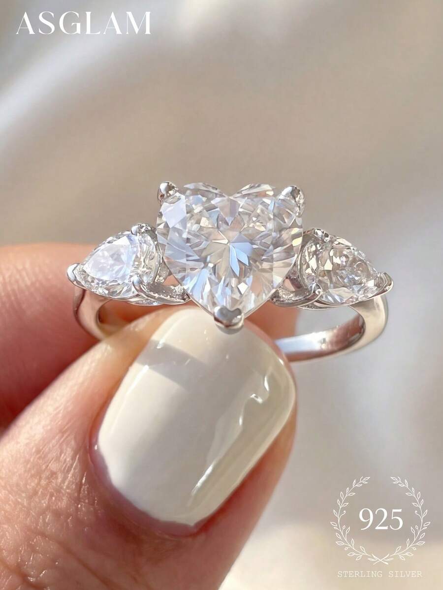 1 chiếc nhẫn bạc 925 mạ bạch kim đính đá Zirconia trắng, kiểu dáng thanh lịch và thời trang, kết hợp hình trái tim và giọt nước mắt, thích hợp làm quà tặng kỷ niệm hoặc sinh nhật. - Bạc - Xem 1