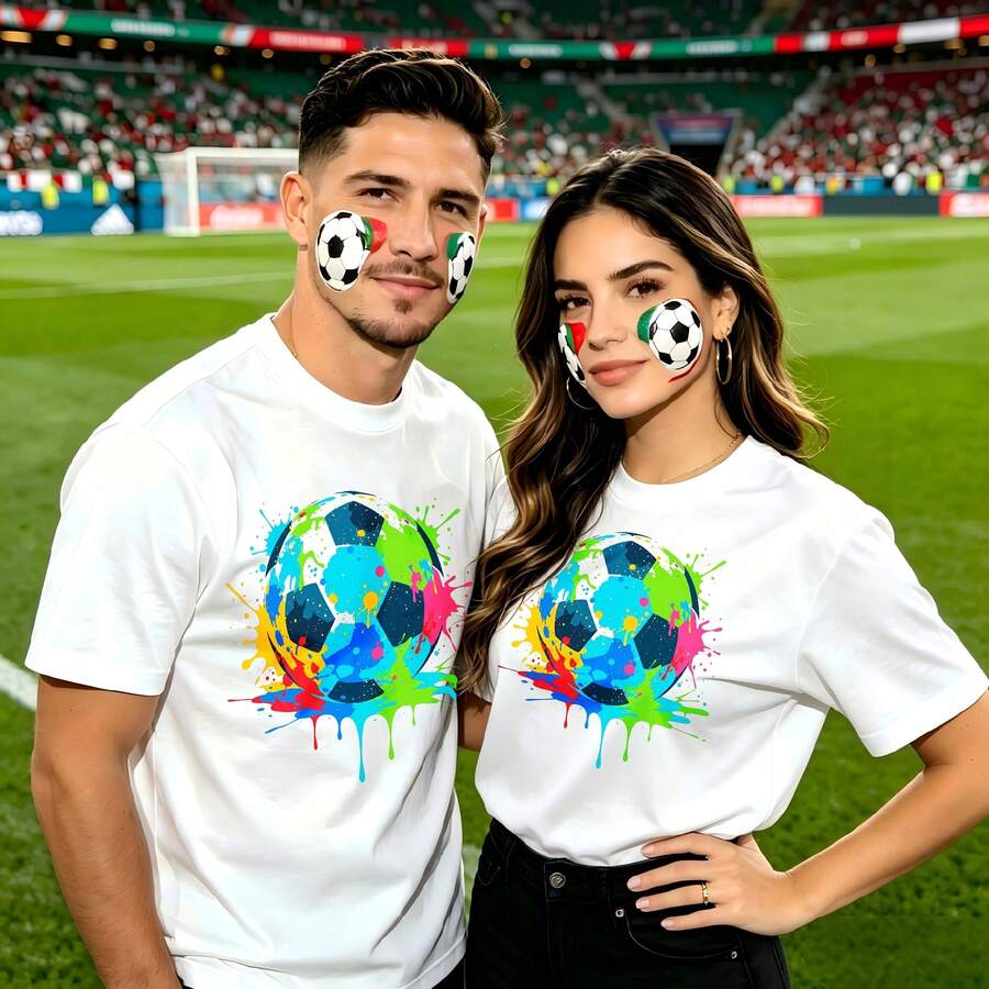 Couple football pattern T-shirt, 100% cotton, loose fitting, soft and breathable, casual round neck short sleeved top Colorful Soccer Ball With Paint Splashes Printed patterns, dating, leisure travel, gatherings, simple cartoon printing style, high cost-effectiveness Suitable for watching live - Blanco - Ver 1