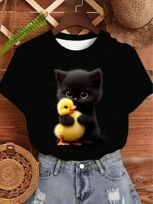 Camiseta negra para mujer Parent- con estampado de mascota adorable: patrón de gatito y patito amarillo, suave, adorable, casual, versátil, de manga corta - Negro - Ver 2