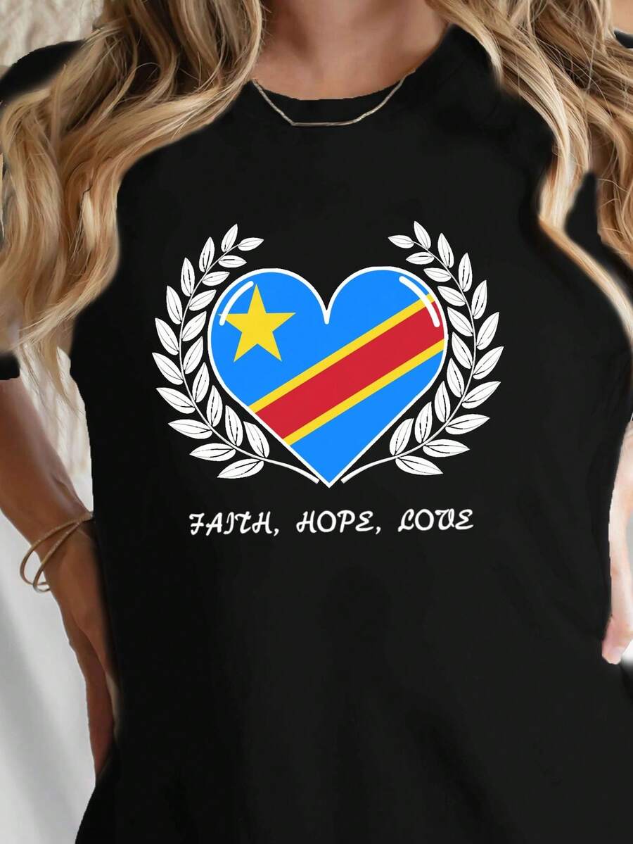 Women's Versatile Pure Cotton Short-Sleeved T-Shirt With Round Neck, Democratic Republic Of Print, Casual Short-Sleeved Round Neck Top, Spring/Summer Clothing For Women. - 黑色 - 查看 1