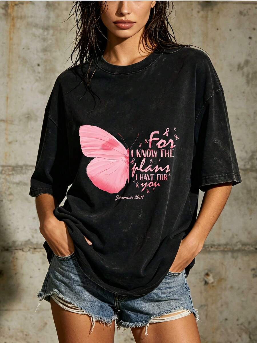 Women's Inspirational T-Shirt With Pink Butterfly Design | Gifts With Bible Verses For Family And Friends | Soft And Comfortable 180gsm T-Shirt, Suitable For Religious Gatherings And Corporate Events. N3LM - 黑色 - 查看 1