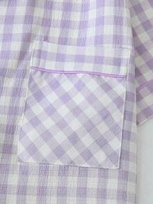 piezas de pijama con pantalón corto, de manga corta y estampado a cuadros para mujeres, ropa de estar por casa de verano - Morado - Ver 4