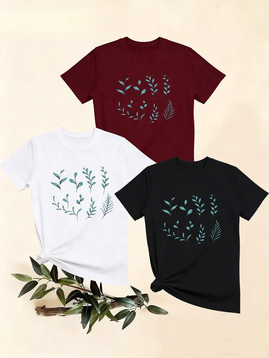 Women's T-Shirts, Women's T-Shirts, Casual One-Piece T-Shirt With Plant Leaf Print, Comfortable Cotton Top With Round Neck And Short Sleeves, Everyday Wear For Women. - 1件黑色隨機圖案 - 查看 1