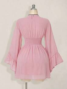 Vestido corto elegante de manga larga con cuello en V y cintura ceñida de unicolor para mujer - Rosa - Ver 2