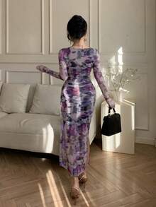 Vestido con estampado floral de primavera y verano, vestido elegante de manga larga transparente con dobladillo de sirena ajustado para festival de música, boda, fiesta, vestido de paseo - Morado - Ver 4