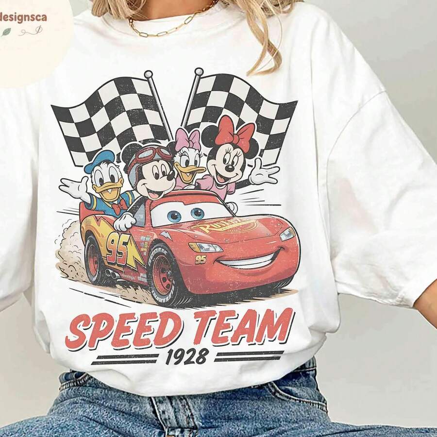 Retro Disney Mickey & Friends Speed Team 1928 Shirt, Mickey Minnie Donald Daisy Racing Tee, Disney Car Lightning Mcqueen, WDW Family Trip Disney Oversized T-Shirt - trắng - Xem 1