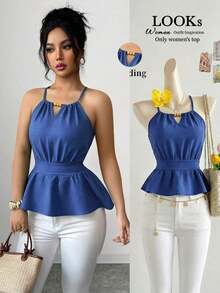 Chaleco ajustado sin mangas con diseño de cremallera y decoración de cuentas de madera con tirantes finos en color verde elegante para mujer, primavera/verano - Azul - Ver 7