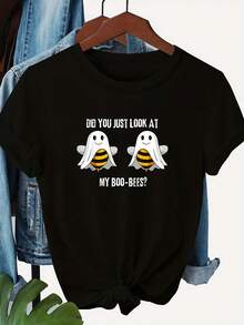 Women's T-Shirt With Ghost Bee Print And The Phrase 'DID YOU JUST SEE MY BOOBS?' | Casual Crew Neck, Short Sleeves, Breathable, Regular Fit, For All Seasons - 黑色 - 查看 1