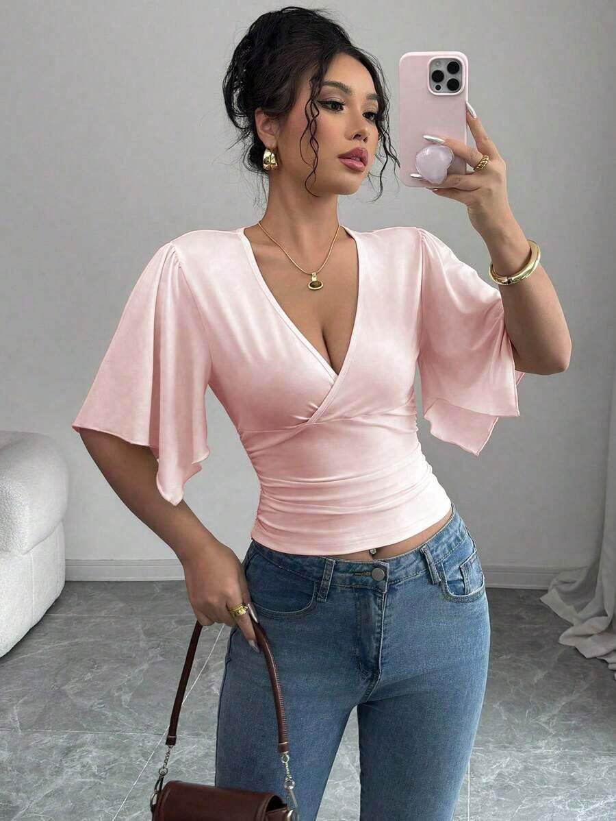 Top corto informal con mangas cortas y volantes asimétricos para vacaciones - Rosa Pálido - Ver 1
