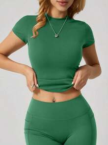 1 pieza Camiseta deportiva de manga corta de ajuste ceñido y minimalista para mujer, ideal para el verano - Verde - Ver 5