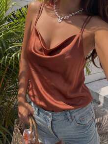Camiseta sin mangas casual de unicolor y cuello en V elegante para mujer, verano - Marrón - Ver 2