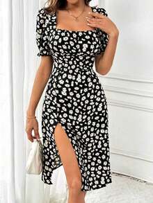 Vestido de manga corta con cuello cuadrado de estampado aleatorio para uso diario sencillo, atuendo de vacaciones y playa para mujeres - Negro - Ver 4