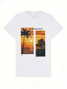 Camiseta de manga corta con cuello redondo suave y casual para mujer, estampado de palmeras al atardecer en la playa. Blanco. - Blanco - Ver 4