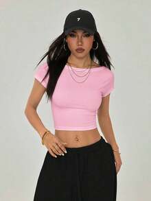 Camiseta negra con espalda abierta, adecuada para talla pequeña, para verano - Rosa Pálido - Ver 7