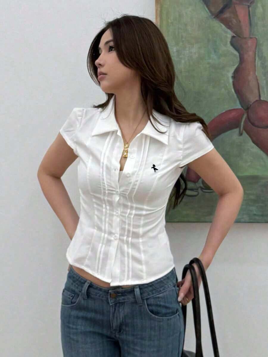 Blusa blanca de manga corta ajustada con cuello para mujer, de unicolor, para el verano - Blanco 6 - Ver 1