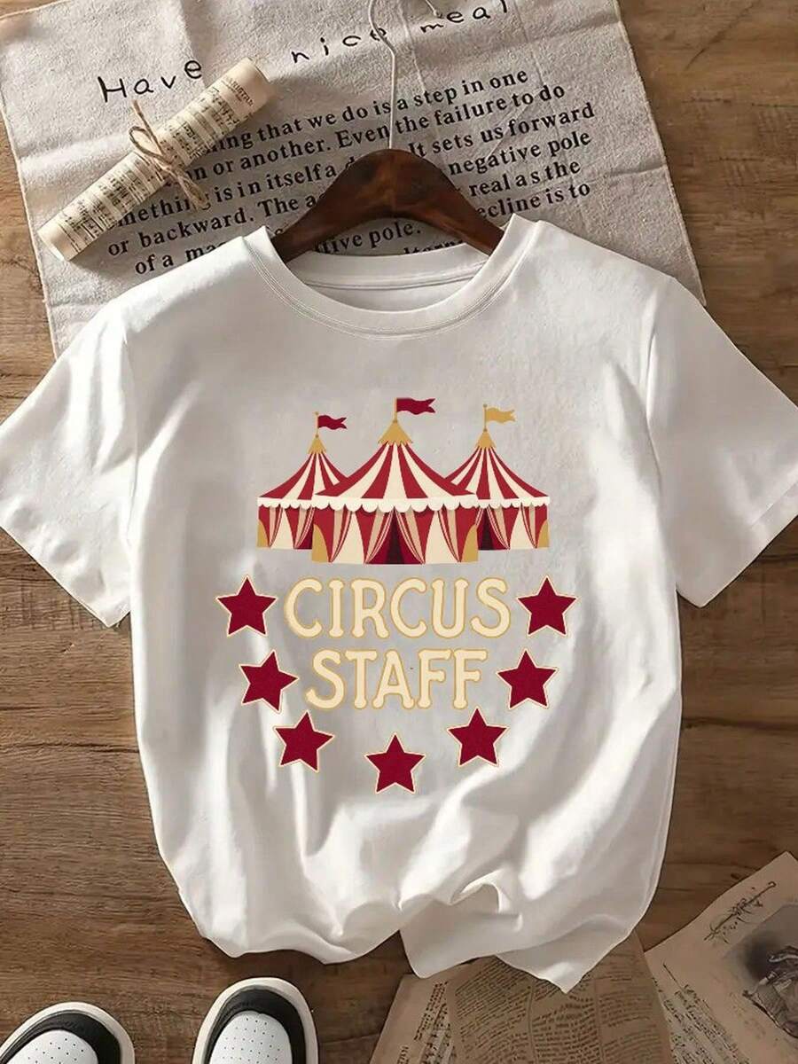 T-Shirt With A 'CIRCUS STAFF' Band Print And A Circus-Themed Tent And Stars. | Unisex, Comfortable Fabric, Casual Wear, Ideal Gift For Circus Enthusiasts, Geometric Pattern, Round Neck, Regular Sleeves, Circus T-Shirt, Matching Family Sets, Great For Parties And Family Holidays, Everyday Wear, Summer Outfit, Outdoor Playwear Or Holiday Wear, Warm Weather Clothing, Perfect For Everyday Wear And Gifts. - 白色 - 查看 1