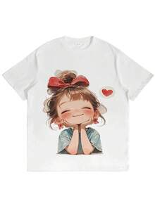 Simple And Versatile Design, Unisex T-Shirt With Cute Print, Short Sleeve, Round Neck, Casual Loose Fit, Fashionable Unisex Top, Comfortable, Breathable, Basic T-Shirt For Everyday Summer Wear, Urban Clothing, Cotton T-Shirt For Women. - 白色 - 查看 2