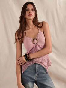 Blusa casual de mujer con cuello de corbata y estampado de anacardo, versátil para uso diario - Rosa Pálido - Ver 7